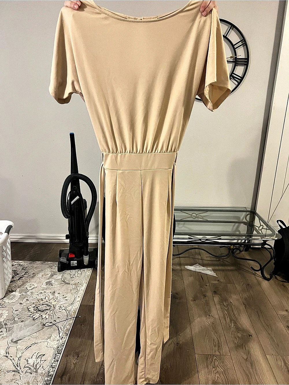 Beige Short Sleeve Wide Leg Jumpsuit